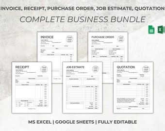 Factuur, ontvangstbewijs, taakschatting, inkooporder, offerte, Excel/Google Spreadsheets-sjablonen, zakelijke bundel, bewerkbaar/afdrukbaar, A4, US Letter