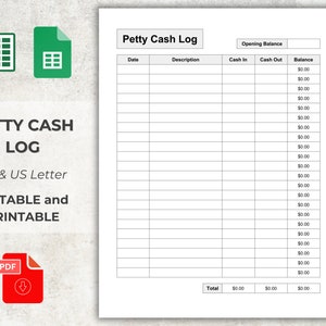 Petty Cash Log, Editable Excel/google Sheets, Printable Petty Cash ...