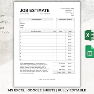 Job Estimate Template | Editable Quotation | Excel | Google Sheets | Price Quote for Small Business | Job Quote | Price Estimate | Proposal