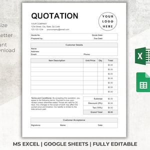 Quotation Template | Editable Quote Form | Price Quote for Small Business | MS Excel | Google Sheets | Job Estimate Form | Proposal Template