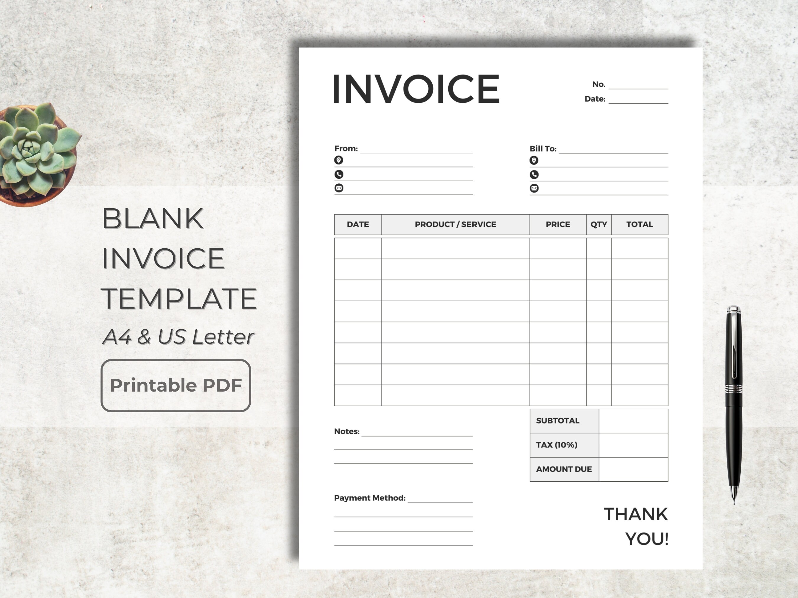 Blank Invoice Canva Template, Printable PDF Billing Form, Editable ...