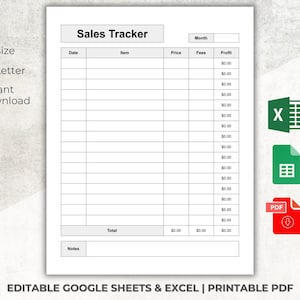 Monthly Sales Tracker, Excel/Google Sheets, Sales Log Printable, Editable Sale Profits Tracker, Small Business Log, Sale Recorder, Order Log