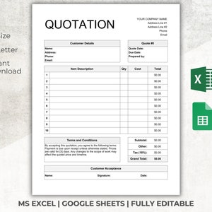 Plantilla de cotización / Excel de cotización editable / Plantilla para pequeñas empresas / Excel / Hojas de cálculo de Google / Plantilla de cotización de precios / Estimación de trabajo / Propuesta
