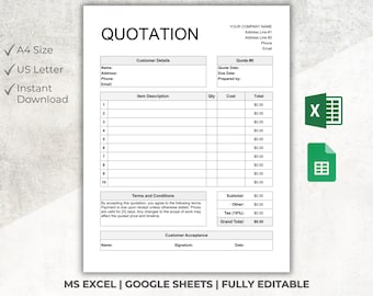 Editable Price Quotation Template | Excel and Google Sheets (A4 and US Letter) (Digital Download)