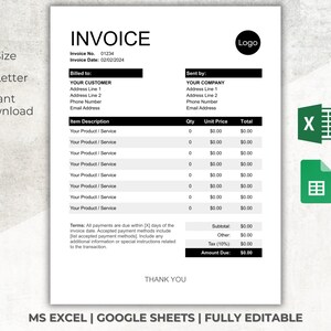Invoice Template, Editable Invoice Excel, Google Sheets, Online Invoice Sheet, Simple Business Invoice, Printable Custom Blank Invoice