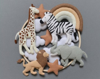 Safari Nursery Mobile, Africa Nursery Mobile, Mobile Giraffe Lion Zebra Elephant, Safari Mobile With Rainbow , Realistic Felt Animals