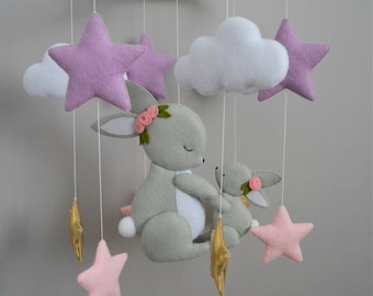 Bunny baby mobile girl, Nursery mobile with rabbits, Cot Mobile Bunnies, Baby shower gift, Rabbit family mobile, Grey lilac gold mobile