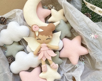 Pink Fairy Mobile: Handmade Felt Crib Mobile with Glitter Wings
