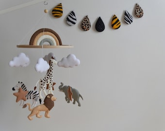 Safari baby mobiel met regenboog, Zebra Baby Mobiel, Afrika Mobiel, Jungle Dieren Decor, Giraffe leeuw Olifant mobiel, Tropische Baby Mobiel