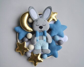 Bunny Baby Mobile, Baby Mobile with rabbit, Blue and grey mobile crib, Moon stars mobile, Mobile for baby boy, Gold stars mobile