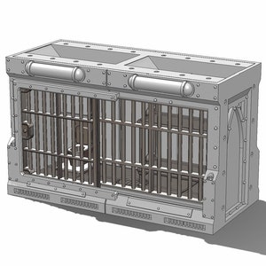 Op de afbeelding: Een dubbele metalen kooi met een traliewerk aan de voorkant en een decoratieve boogdeur aan de rechterkant. De kooi is gemaakt van lichtgrijs metaal en heeft een getextureerd oppervlak.
