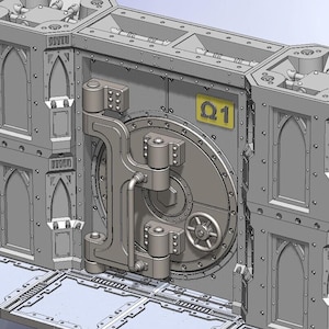 May include: A detailed, gray, modular building structure with arched windows and a large, circular door. The structure features rivets, pipes, and a yellow sign with the number "Ω1". The design suggests a sci-fi or industrial theme.