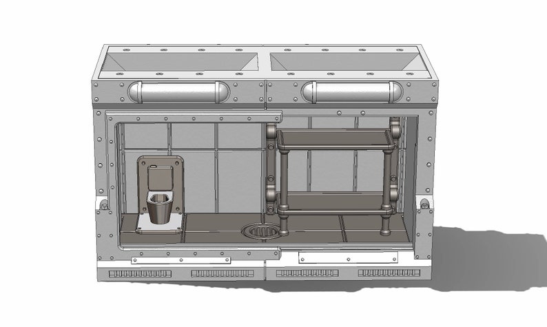Op de afbeelding: Een 3D-model van een kleine, grijze metalen badkamer met een toilet, een wastafel en een plank. De badkamer is ontworpen in steampunk-stijl met klinknagels en pijpen.