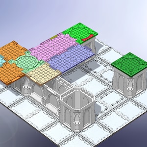 Könnte beinhalten: Ein 3D-Modell eines modularen Gebäudesets mit verschiedenen farbigen Fliesen. Die Fliesen sind so konzipiert, dass sie als Böden, Wände und Dächer verwendet werden können. Die Fliesen sind aus Kunststoff und haben ein Gittermuster. Das Modell wird auf einem weißen Hintergrund gezeigt.