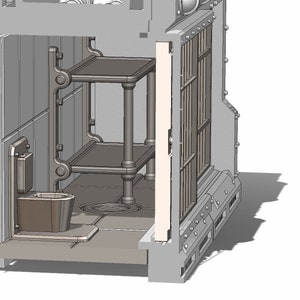 Op de afbeelding: Een 3D-model van een kleine gevangeniscel met een metalen stapelbed, een toilet en een traliedeur. De cel is gemaakt van grijs plastic en heeft een witte vloer.