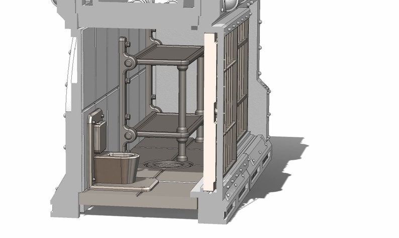 Op de afbeelding: Een 3D-model van een kleine gevangeniscel met een metalen stapelbed, een toilet en een traliedeur. De cel is gemaakt van grijs plastic en heeft een witte vloer.