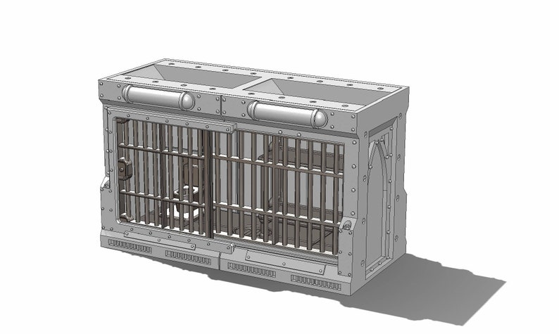 Op de afbeelding: Een dubbele metalen kooi met een traliewerk aan de voorkant en een decoratieve boogdeur aan de rechterkant. De kooi is gemaakt van lichtgrijs metaal en heeft een getextureerd oppervlak.