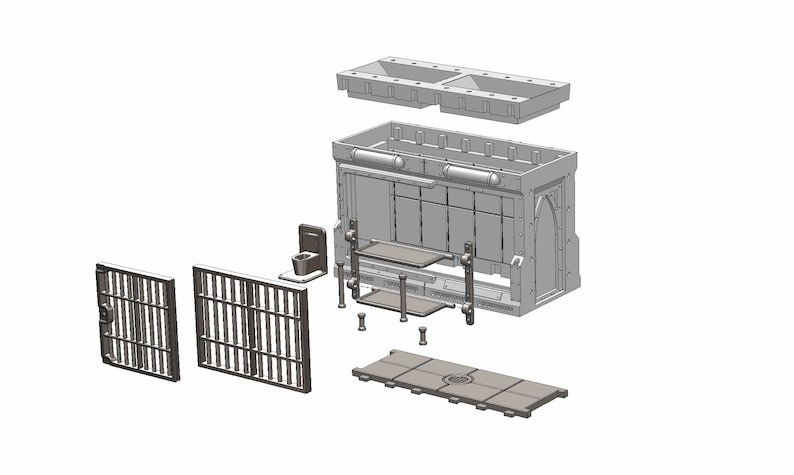 Op de afbeelding: Een gedemonteerd model van een middeleeuwse gevangeniscel, met een grijze stenen muur, een traliehek en een klein toilet. Het model is gemaakt van plastic en is bedoeld voor gebruik in tabletop-spellen of dioramas.
