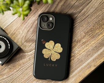 Gold Clover with Butterfly Tough Case iPhone 15 14 13 12 11 Pro Max Plus Samsung S24 S23 S22 S21 S20 Ultra Plus FE Google Pixel 8 Pro 7 6 5