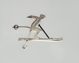 c.1930's Original Art Deco Skier / Skiing Silver Plated Lapel / Pin Badge P311