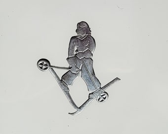 c.1930's Original Art Deco Woman Skier / Skiing Chrome Lapel / Pin Badge P310