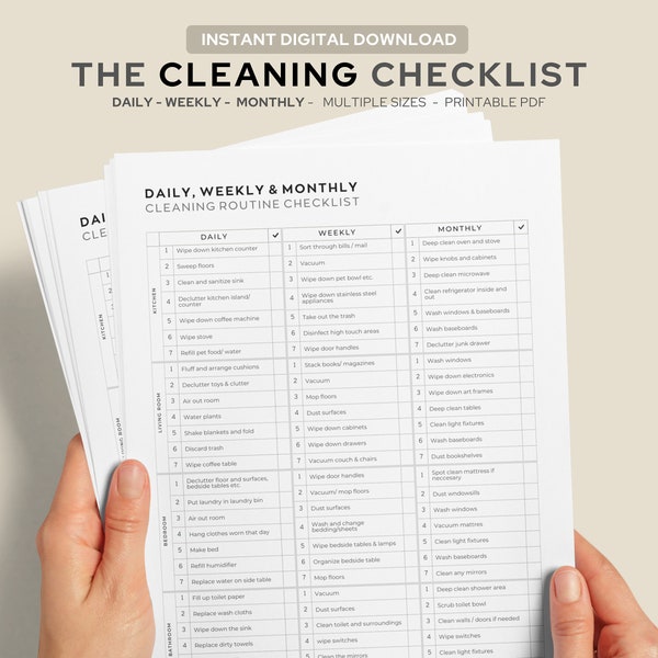 Monatlicher Master-Reinigungsplan, tägliche und wöchentliche druckbare Checkliste für die Hausarbeit