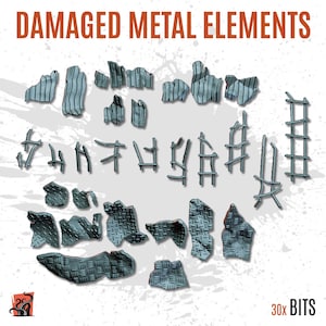 May include: An assortment of damaged metal elements, including pieces of corrugated metal, rebar, and diamond plate. The text "DAMAGED METAL ELEMENTS" is displayed at the top, with "30x BITS" at the bottom right. The elements are in various shapes and sizes.