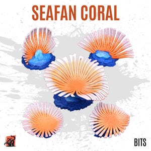 Puede incluir: Cinco piezas de coral de abanico de mar naranja y blanco con bases azules. El coral está dispuesto en un círculo con el texto "SEAFAN CORAL" en la parte superior de la imagen y "BITS" en la parte inferior.