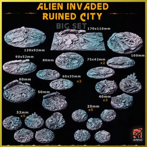 Puede incluir: Un conjunto de 10 bases redondas de plástico de diferentes tamaños para wargaming de miniaturas. Las bases están pintadas para parecer una ciudad en ruinas con detalles de temática alienígena. Las bases varían en tamaño de 25 mm a 170 mm. El conjunto incluye el texto "Alien Invaded Ruined City Big Set".