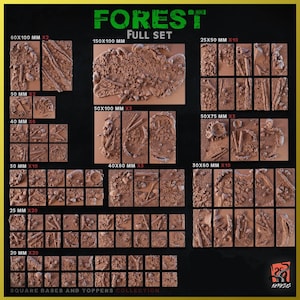 Może przedstawiać: Zestaw 10 różnych rozmiarów kwadratowych podstaw i nakładek do gier wojennych w miniaturze. Podstawy wykonane są z brązowego, fakturowanego materiału i mają motyw leśny. Zestaw zawiera podstawy o wymiarach 60x100 mm, 50x100 mm, 50x75 mm, 40x60 mm, 30x60 mm, 25x50 mm, 25 mm, 20 mm, 50 mm i 40 mm.