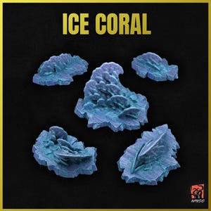May include: Five blue and purple ice coral pieces, each with a unique shape and texture. The pieces are arranged on a black background. The text "ICE CORAL" is written in gold letters at the top of the image.