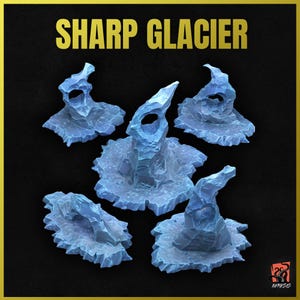 May include: Five blue, ice-like, sharp glacier formations. Each formation has a unique shape and texture. The formations are arranged on a black background. The text "SHARP GLACIER" is displayed in gold letters at the top of the image.