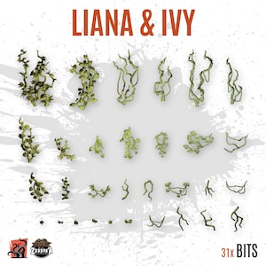 Może przedstawiać: Zestaw 31 zielonych elementów liany i bluszczu, idealny do modelarstwa. Obraz przedstawia różne rozmiary i kształty elementów roślinnych, z tekstem "LIANA & IVY" u góry i "31x BITS" na dole.
