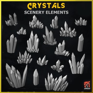 May include: A collection of 18 gray crystal shapes, arranged in rows on a black background. The crystals are various sizes and shapes, with some appearing to be clusters of smaller crystals. The text "CRYSTALS SCENERY ELEMENTS" is at the top of the image.