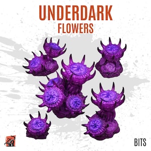 May include: Purple and blue plastic miniature flowers with spiky petals. The flowers are part of a set of fantasy miniatures for tabletop gaming.