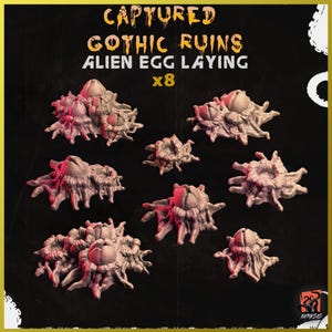 May include: Eight 3D printed resin miniatures of alien egg laying Gothic ruins. The miniatures are gray and have a textured surface. The miniatures are arranged in a circle on a black background. CAPTURED GOTHIC RUINS ALIEN EGG LAYING x8
