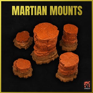 May include: Five different sized, layered, orange-brown, textured, Martian rock formations.  The rock formations are called "Martian Mounts".