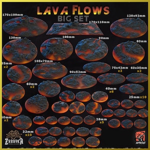 May include: A Big Set of lava flow terrain pieces in various shapes and sizes. The set includes pieces ranging from 25mm to 170mm in diameter or length, with fiery orange and black color schemes. The text "LAVA FLOWS BIG SET" is visible.