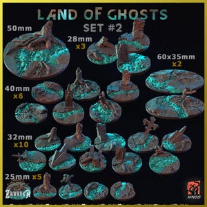 Puede incluir: Un conjunto de bases de resina de 28 mm, 32 mm, 40 mm, 50 mm y 60x35 mm para wargaming de miniaturas. Las bases presentan una variedad de diseños, incluyendo árboles, ruinas y agua. Las bases están diseñadas para ser usadas con miniaturas de una variedad de juegos, incluyendo Dungeons & Dragons, Warhammer y otros juegos de fantasía.