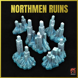 May include: A set of eight miniature stone ruins with etched runes, painted in shades of blue and gray, representing a Northmen settlement. The ruins are designed for tabletop gaming or miniature display.