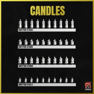 Puede incluir: Un conjunto de velas blancas dispuestas en cuatro filas. Las velas son todas del mismo tamaño y forma, y están dispuestas en un patrón simétrico. El texto "CANDLES" está en la parte superior de la imagen, y el texto "GREYTIDE STUDIO" está en la parte inferior de cada fila.