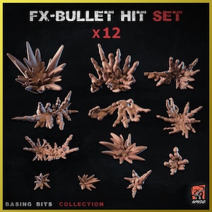 Puede incluir: Un conjunto de 12 efectos de impacto de bala de resina marrón para juegos de mesa. Los efectos están diseñados para parecer explosiones o cráteres. El conjunto está etiquetado como "FX-BULLET HIT SET x12" y "BASING BITS COLLECTION".