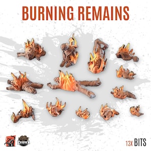 Peut inclure: Ensemble de figurines miniatures représentant des personnages en feu et des flammes. Les figurines sont marron et orange, avec des flammes dans les tons jaune et orange. Le texte "BURNING REMAINS" est en haut et "13X BITS" en bas.