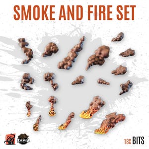 Peut inclure: Un ensemble de 18 éléments miniatures de fumée et de feu. Les pièces de fumée sont marron et les pièces de feu sont orange et jaune. Le texte "SMOKE AND FIRE SET" est en haut. Le texte "18x BITS" est en bas à droite.