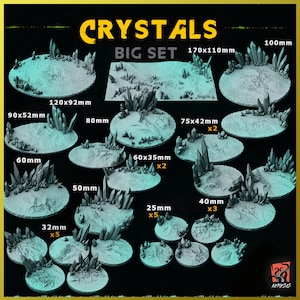 May include: A set of 10 different sized round crystal bases for miniature gaming. The bases are made of a light gray material with a textured surface and feature crystal-like spikes. The bases range in size from 25mm to 170mm.