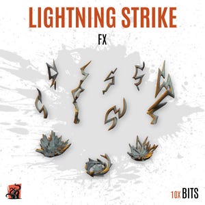 May include: A set of 10 miniature lightning strike FX bits featuring jagged, grey and orange-tinted bolt shapes and explosive impact effects. The text LIGHTNING STRIKE FX and 10X BITS is visible on the white background with grey paint splatters.