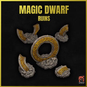 May include: Five stone and gold ruins with intricate designs. The ruins are in various shapes and sizes, including a circular ring with a hole in the center. The ruins are on a dark background.  MAGIC DWARF RUINS.