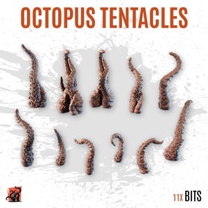 May include: A collection of eleven brown octopus tentacles with detailed textures. The tentacles vary in size and shape, some curled and others straight. The words "OCTOPUS TENTACLES" are displayed at the top.