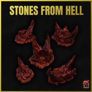 May include: Five red, jagged, rock-like objects with a fiery, glowing texture. The objects are arranged on a black background. The text "STONES FROM HELL" is displayed in gold letters at the top of the image.