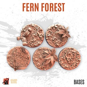 May include: Five circular bases with a fern forest design. The bases are a reddish-brown color and feature detailed textures of ferns and other foliage. The text "FERN FOREST" is at the top, and "BASES" is at the bottom.